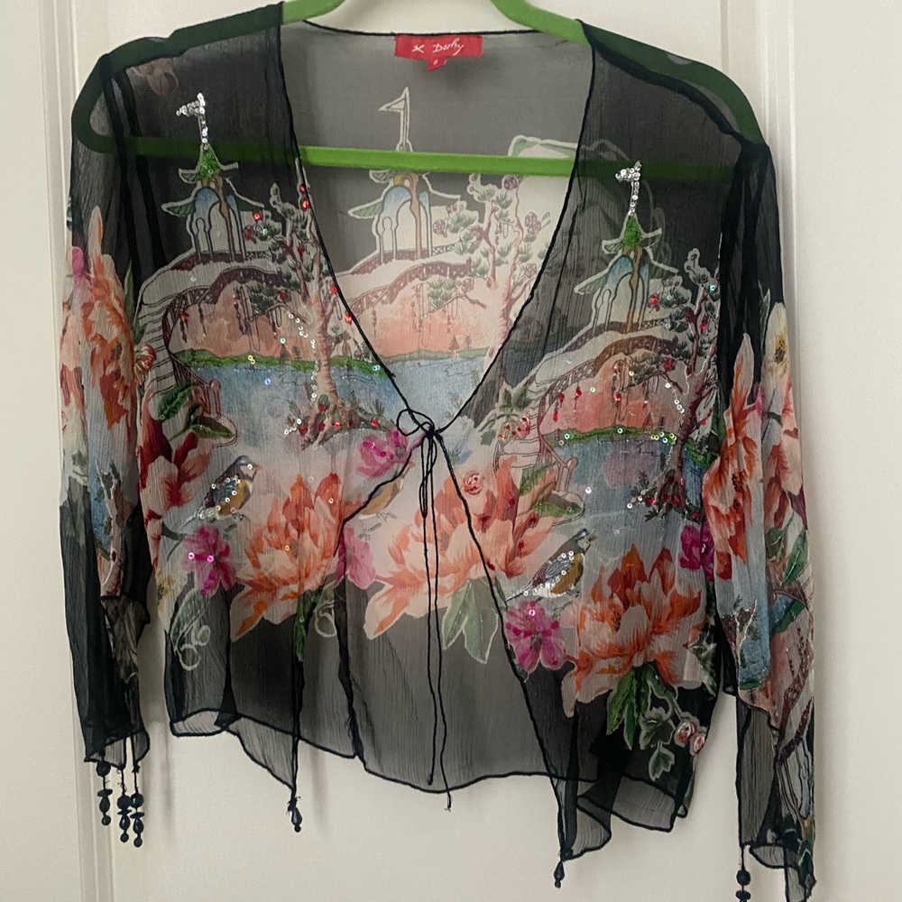 Sheer Tie Front Blouse in Pink and Orange